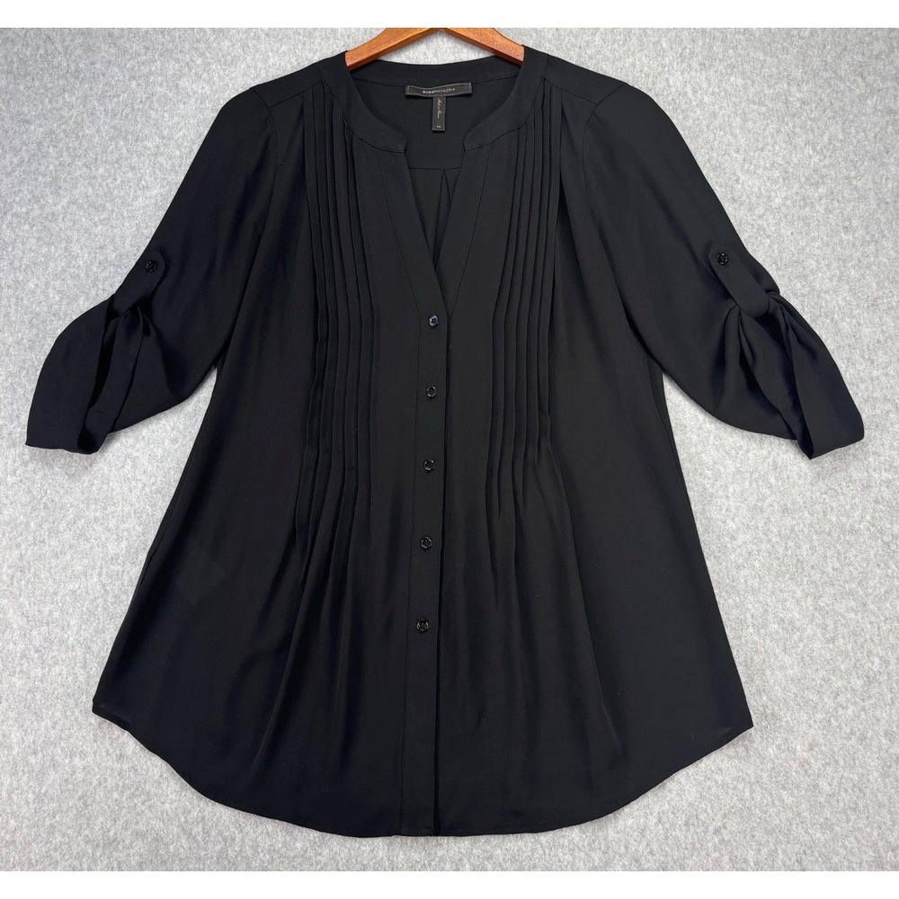 BCBGMAXAZRIA XS Black Pleated Button Front Blouse Career Office Workwear Loose - Picture 2 of 10